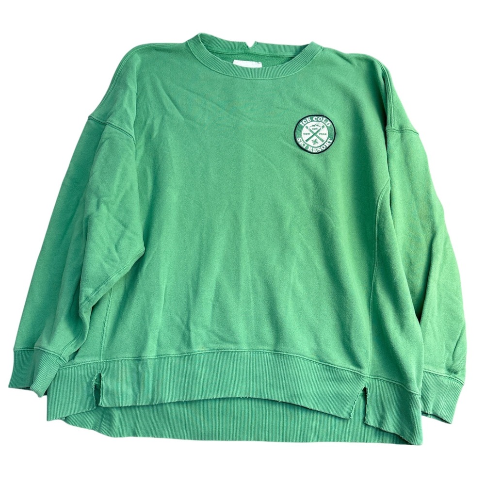 Aerie Ice Cold Ski Resort Green Sweatshirt Oversized Crewneck XL Distressed Slit